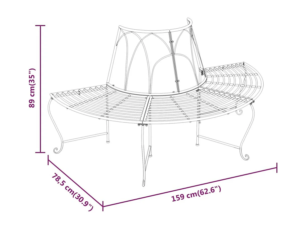 Banc demi-circulaire tour d'arbre Ø159 cm Noir Acier