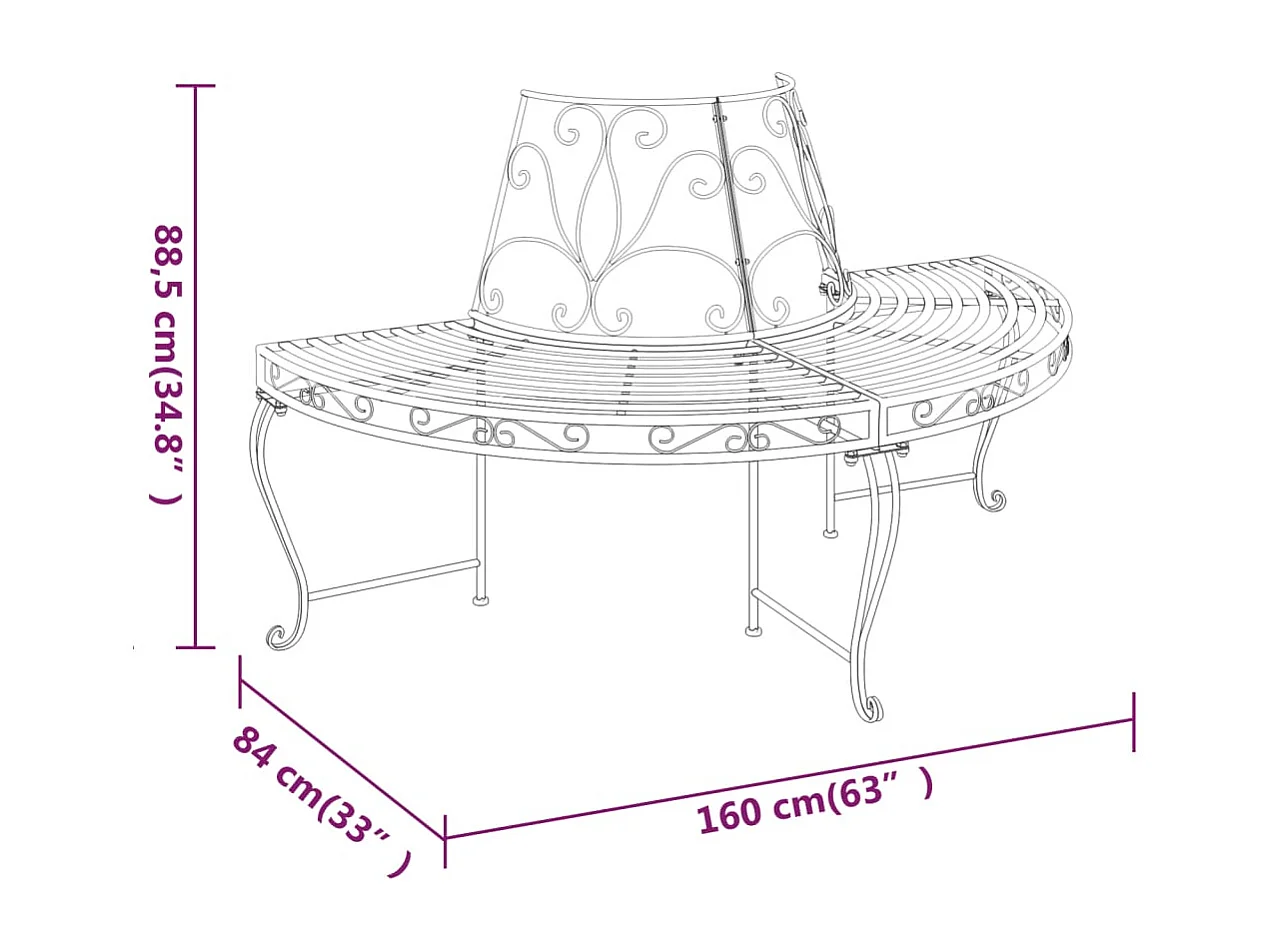 Banc demi-circulaire tour d'arbre lot de 2 Ø160 cm Noir Acier