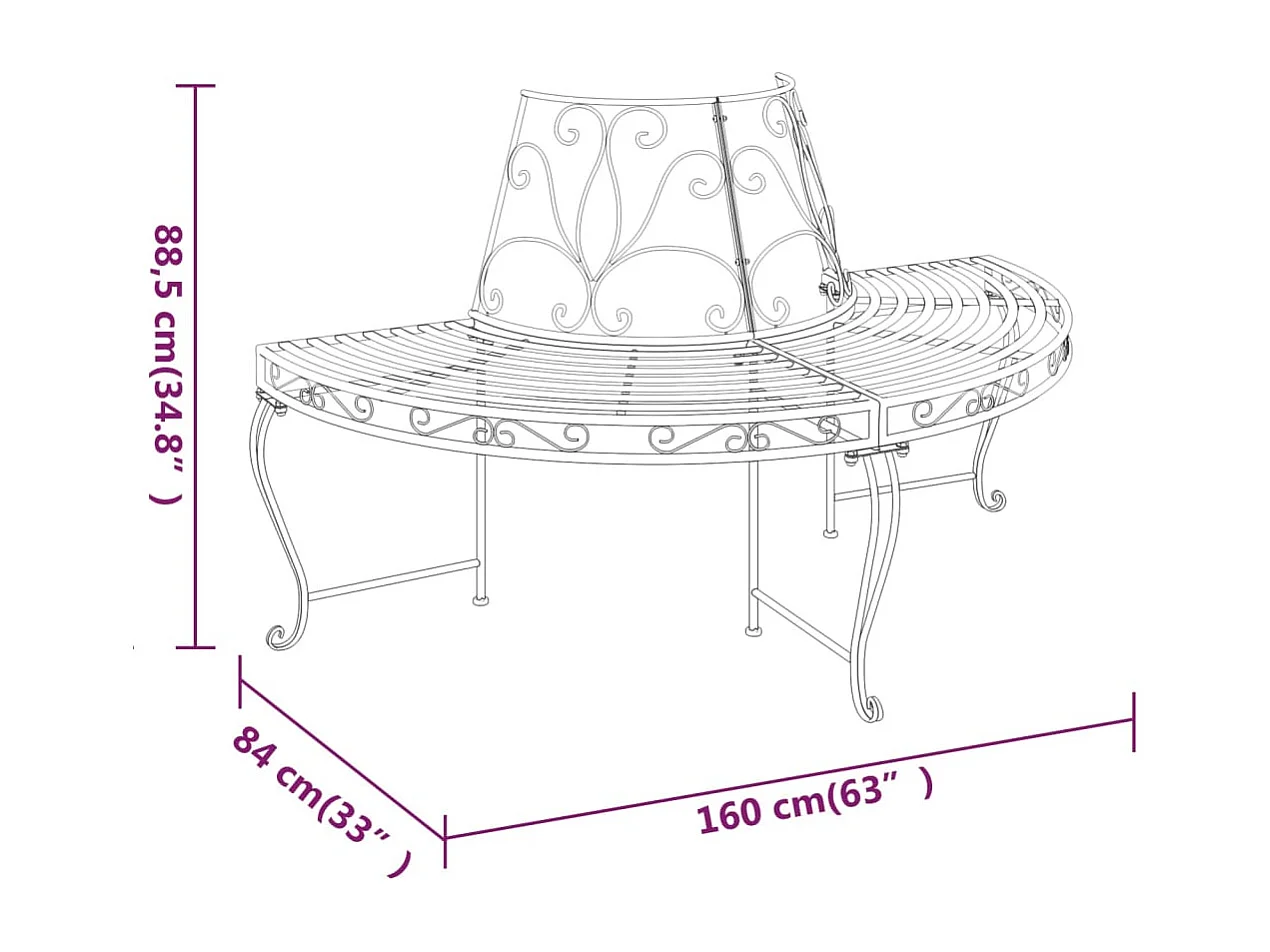 Banc demi-circulaire tour d'arbre lot de 2 Ø160 cm Noir Acier