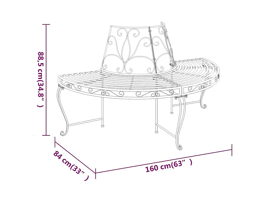 Banco de jardín semicircular 2 uds de acero negro 160 cm