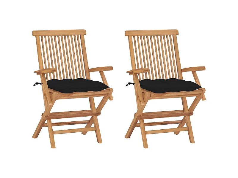 Chaises de jardin avec coussins noir lot de 2 Bois teck massif