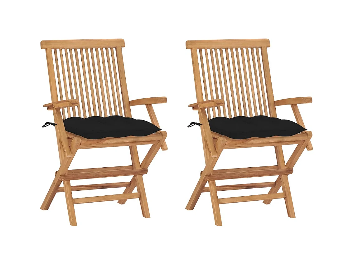 Chaises de jardin avec coussins noir lot de 2 Bois teck massif