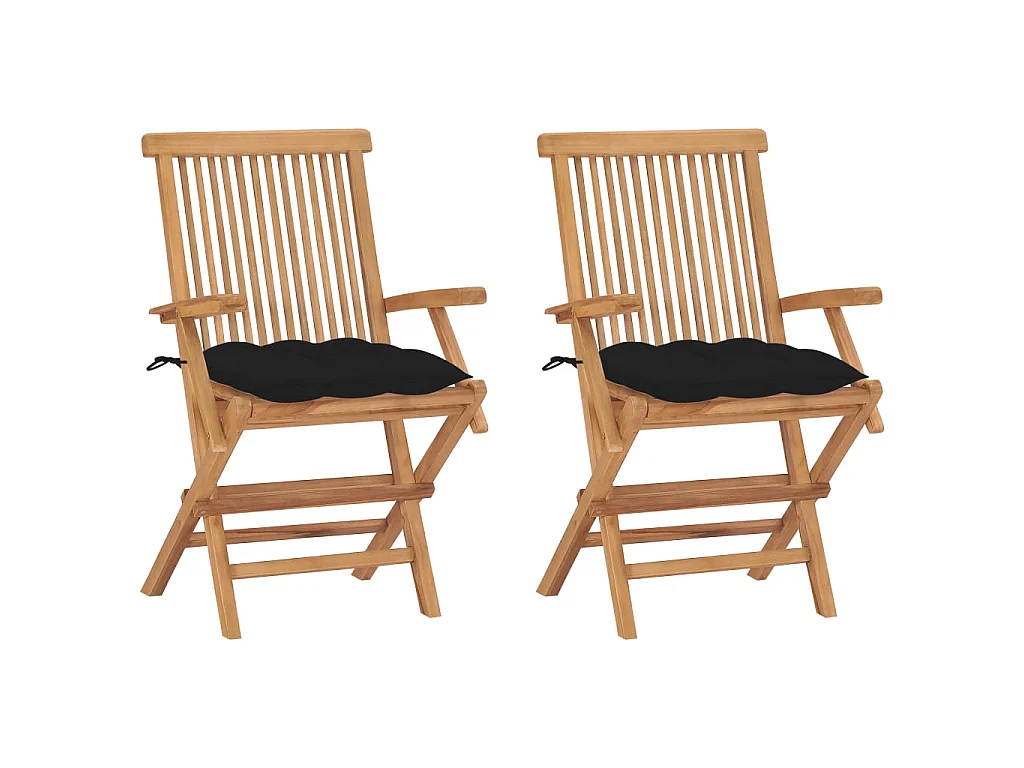 Sedie pieghevoli con cuscini neri, 2 pezzi, in legno massello di teak.
