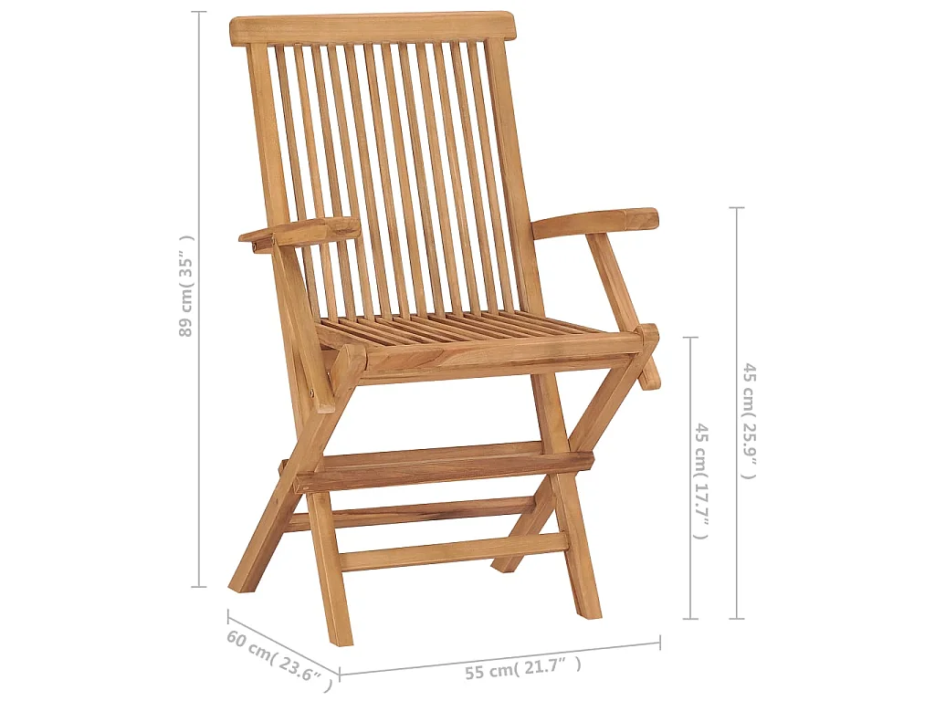 Sedie pieghevoli con cuscini neri, 2 pezzi, in legno massello di teak.