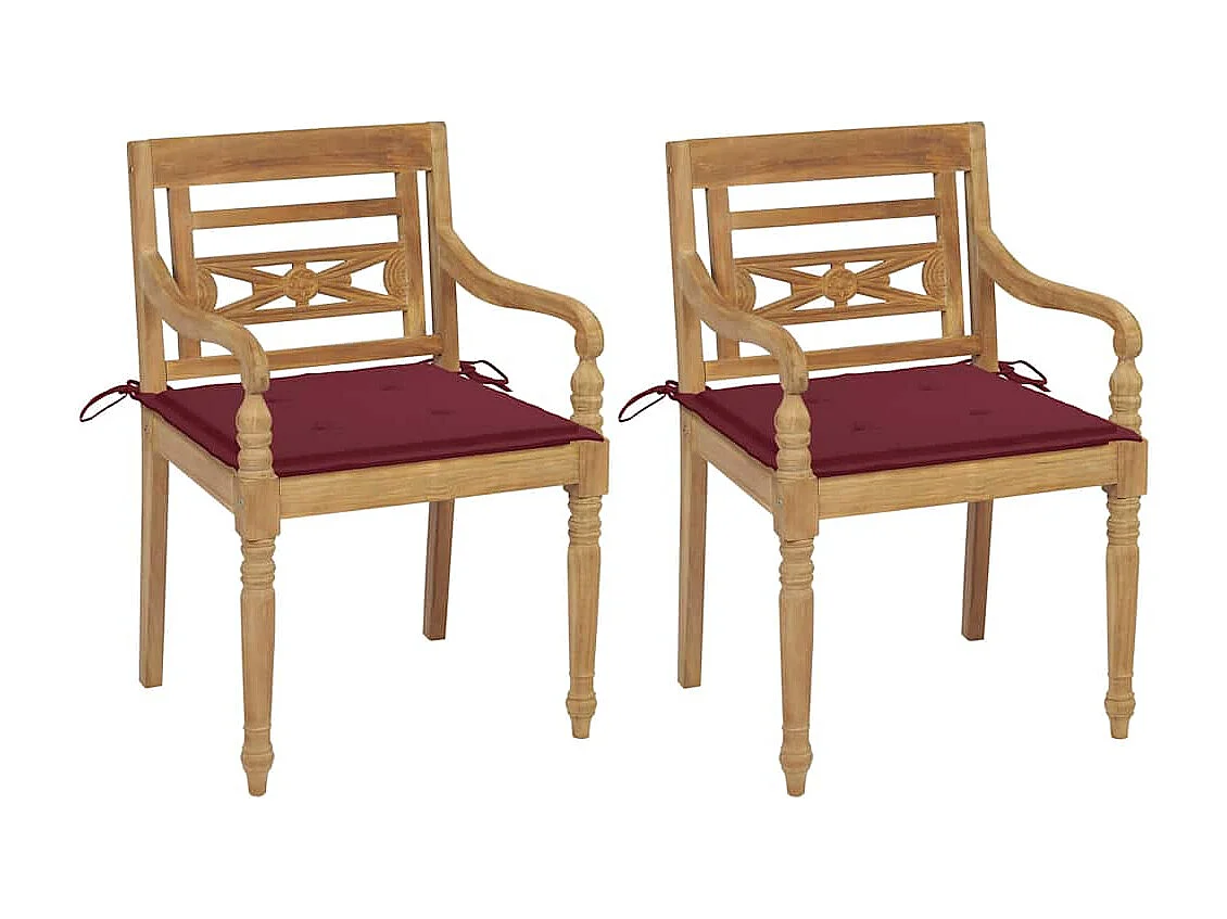 Chaises Batavia lot de 2 et coussins bordeaux Bois teck massif