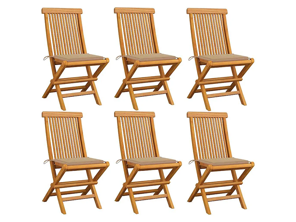 Klapstoelen met beige kussens, 6 stuks, massief teakhout