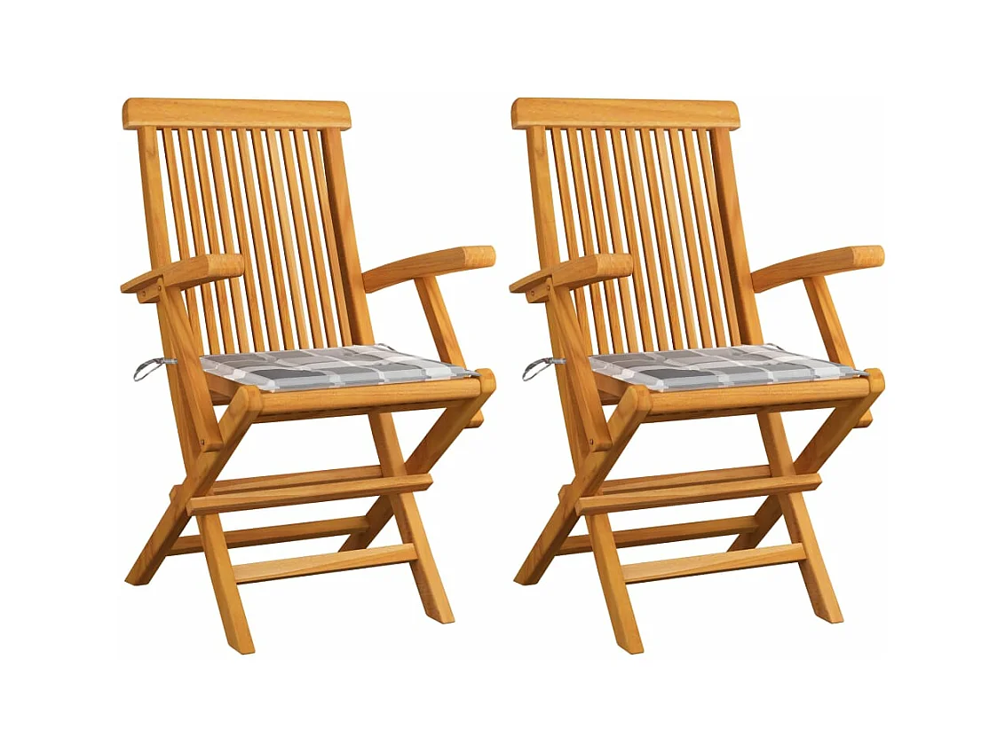 Chaises de jardin lot de 2 avec coussins à carreaux gris Teck