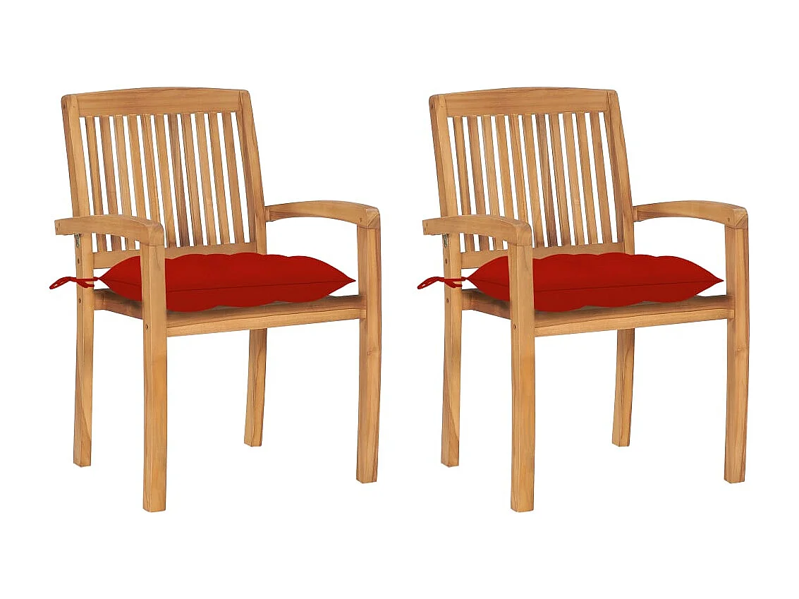 Chaises de jardin lot de 2 et coussins rouge Bois teck massif