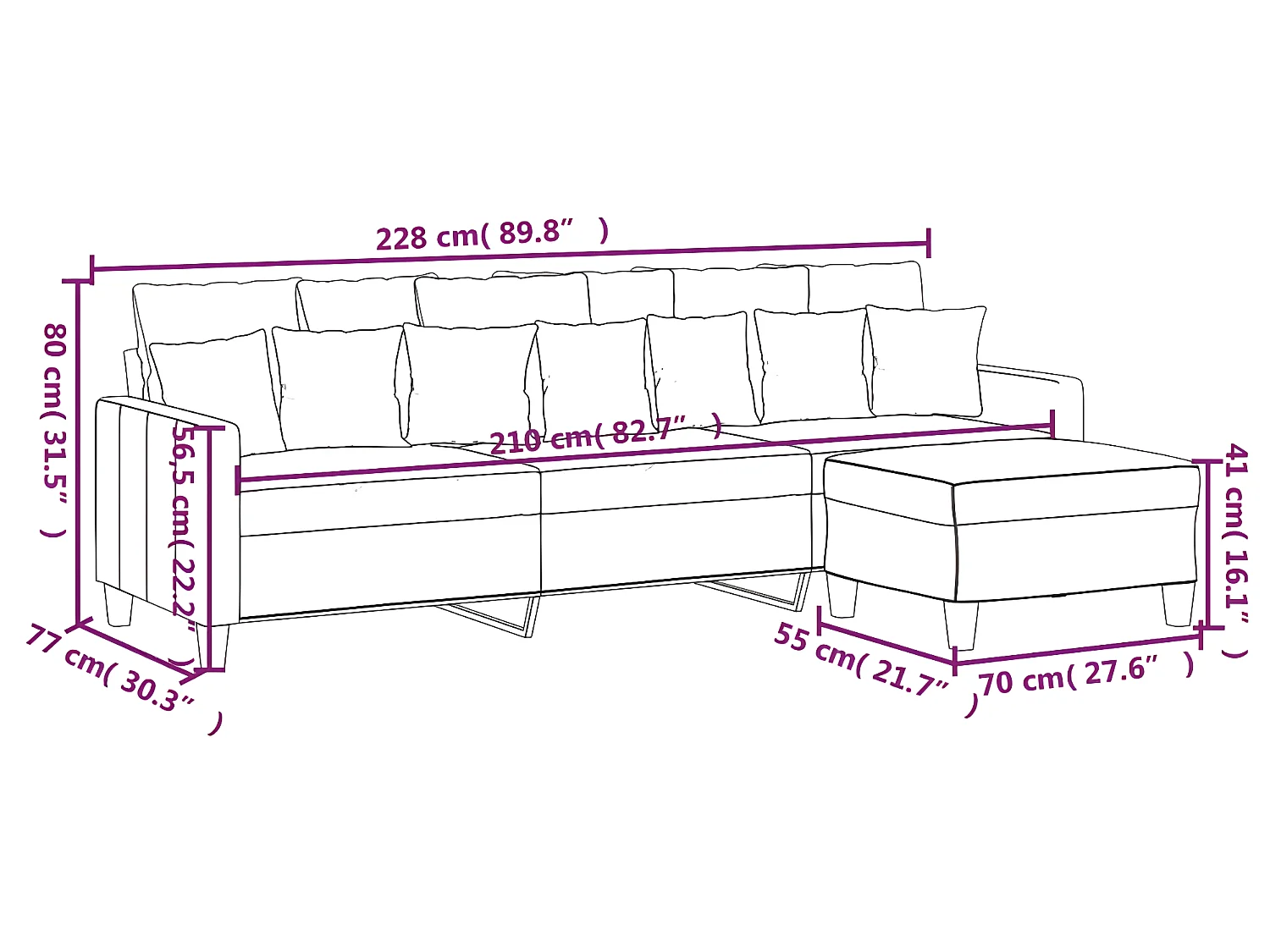 Canapé à 3 places avec repose-pieds Gris clair 210 cm Tissu