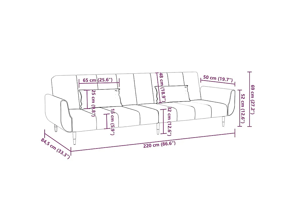 Divano Letto a 2 Posti con 2 Cuscini Rosa in Velluto