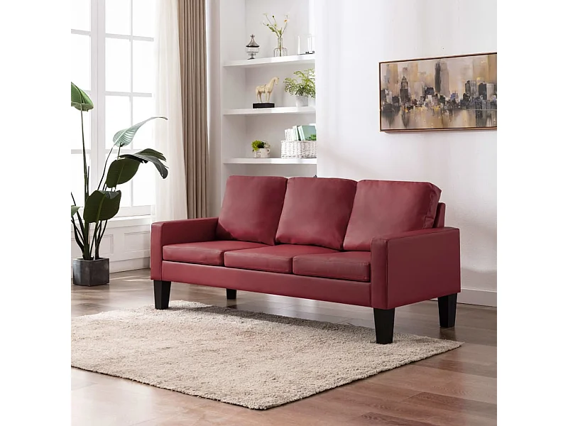 Sofá de 3 lugares couro artificial vermelho tinto