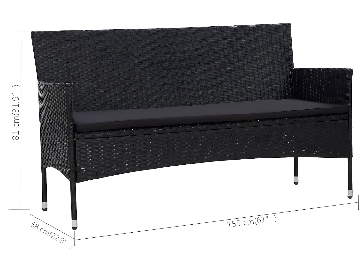 3-Sitzer-Gartensofa mit Auflagen Schwarz Poly Rattan