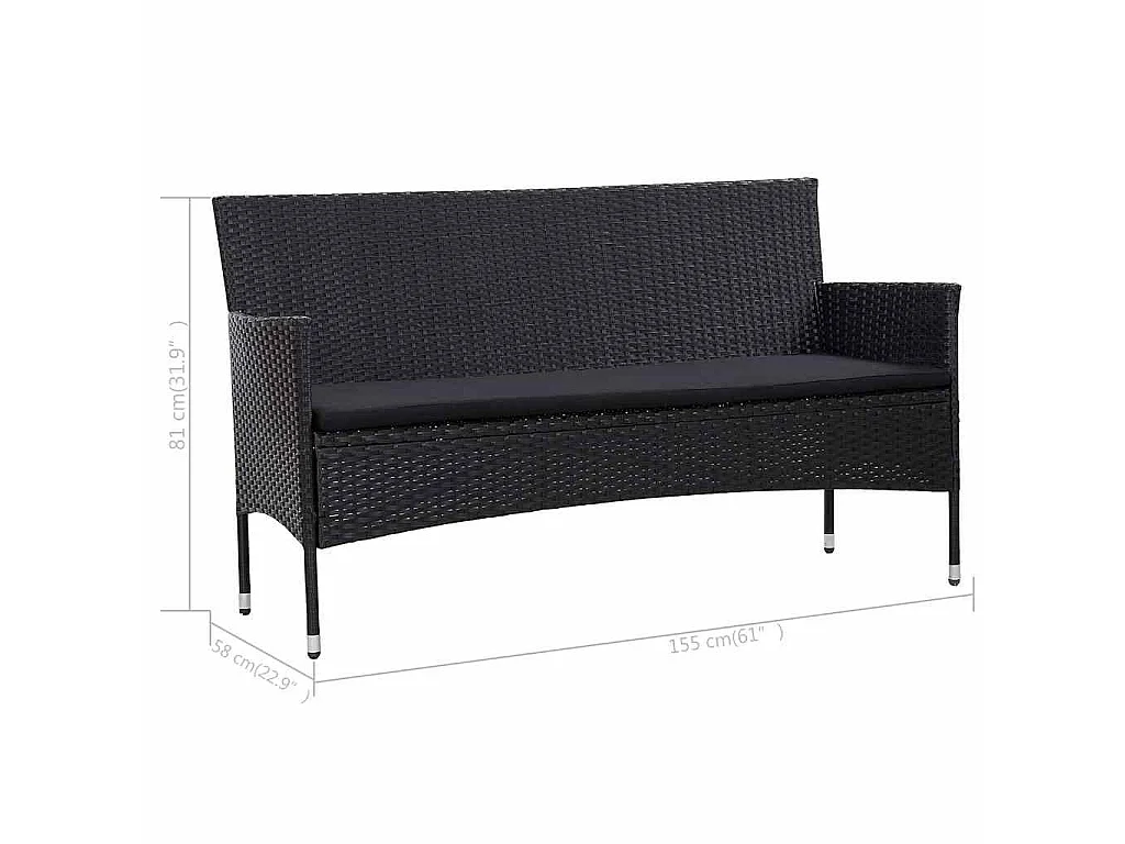 Divano da Giardino a 3 Posti con Cuscini Nero in Polyrattan