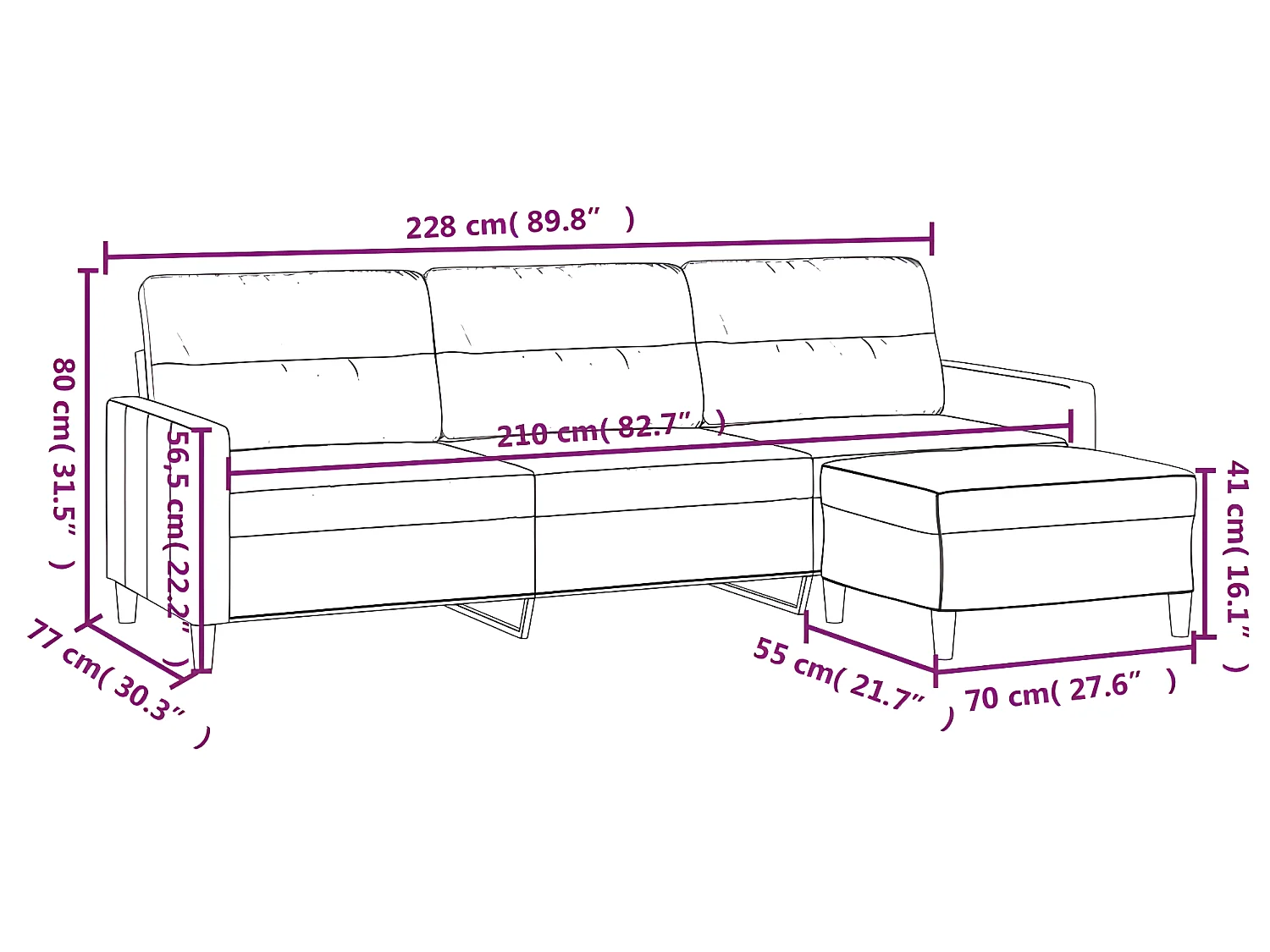 Canapé à 3 places avec repose-pieds Gris foncé 210 cm Tissu