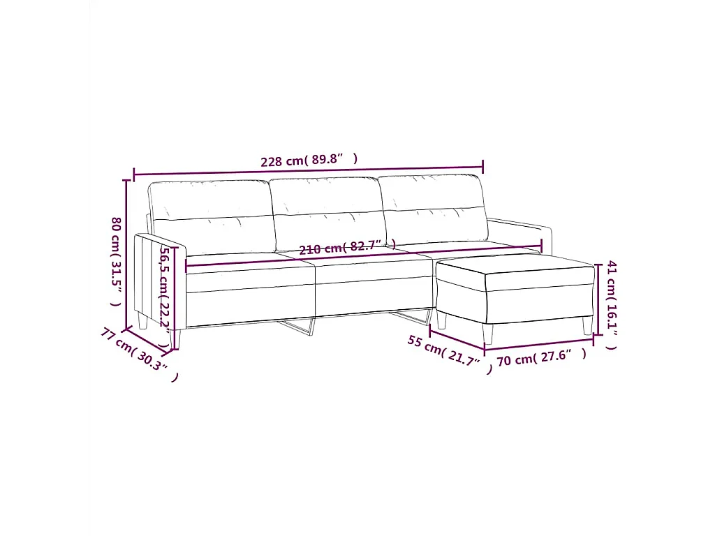 Sofá de 3 plazas con taburete de tela gris oscuro 210 cm