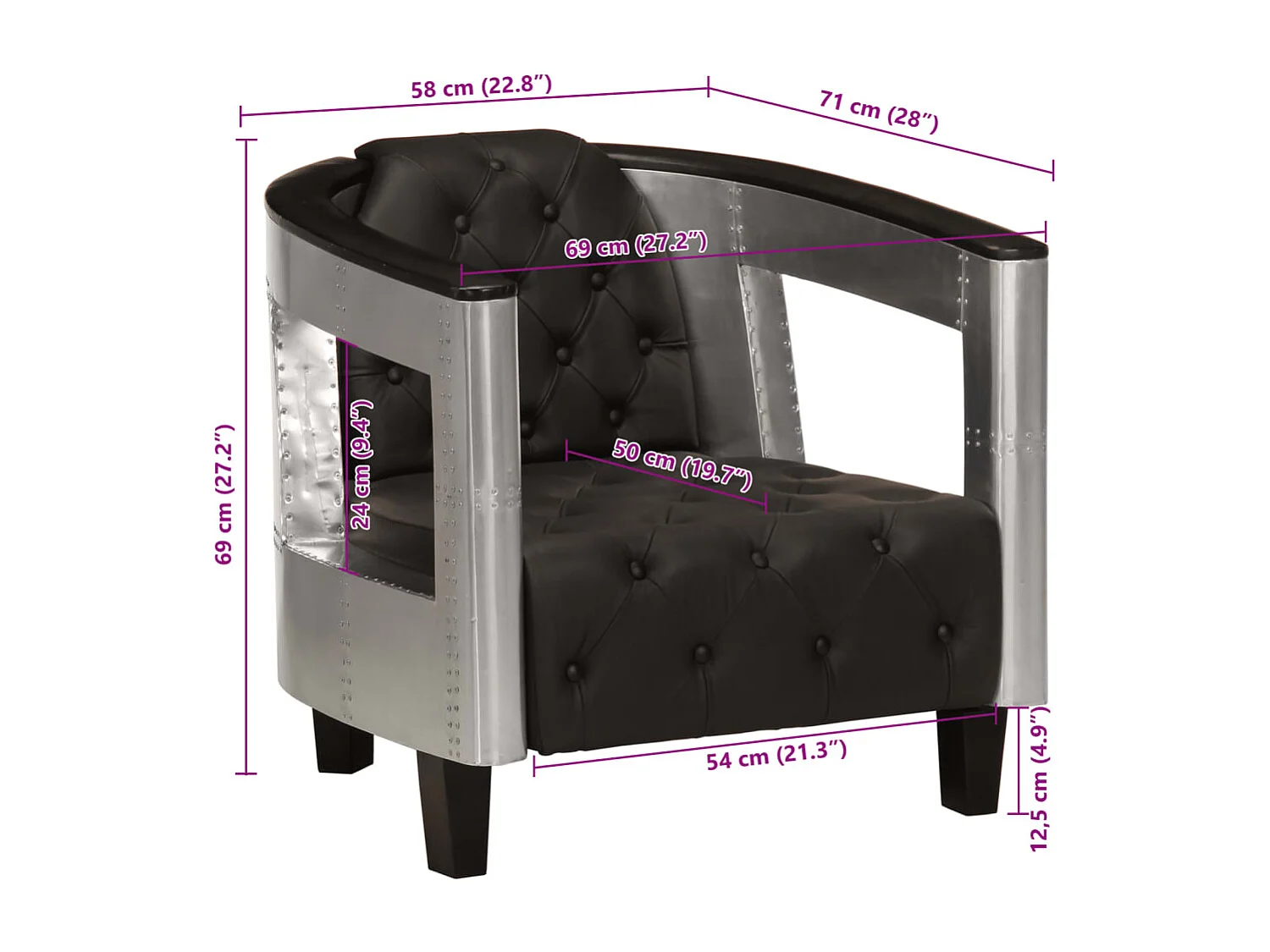 Fauteuil en style d'aviation noir cuir véritable