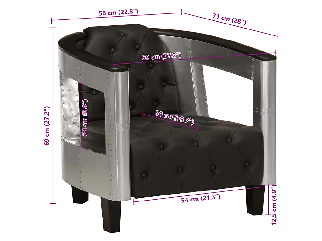 Fauteuil en style d'aviation noir cuir véritable