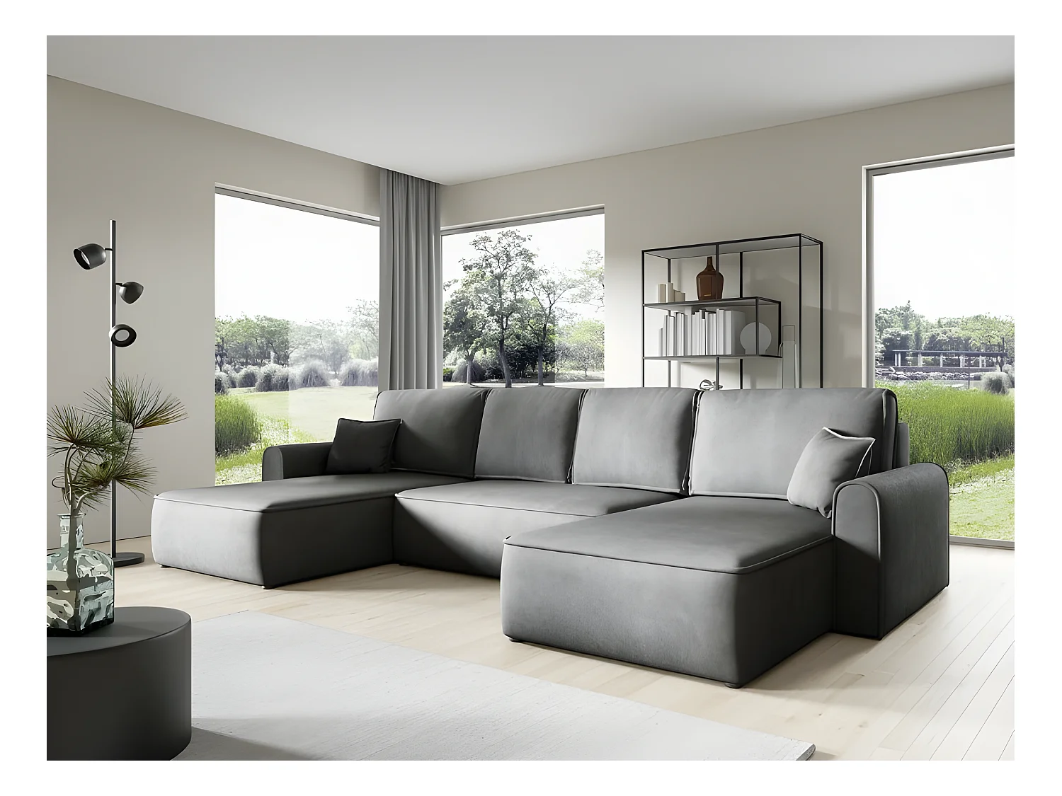 Canapé d'angle panoramique convertible LORIO en tissu aspect velours gris