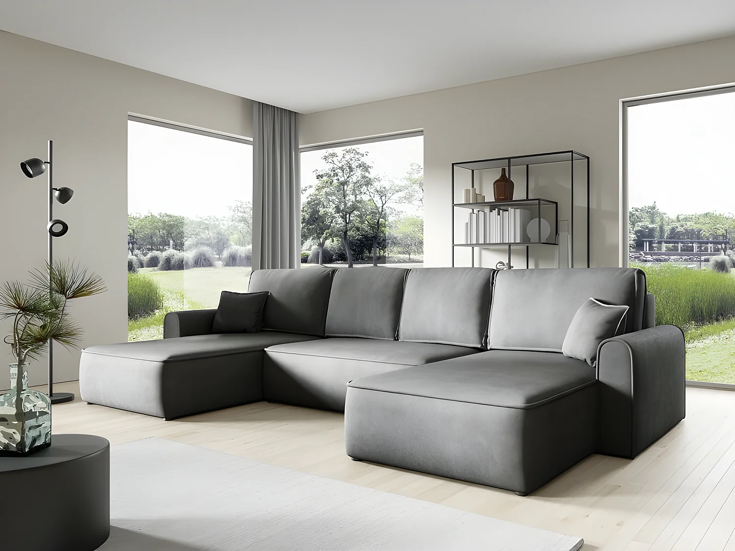 Canapé d'angle panoramique convertible LORIO en tissu aspect velours gris