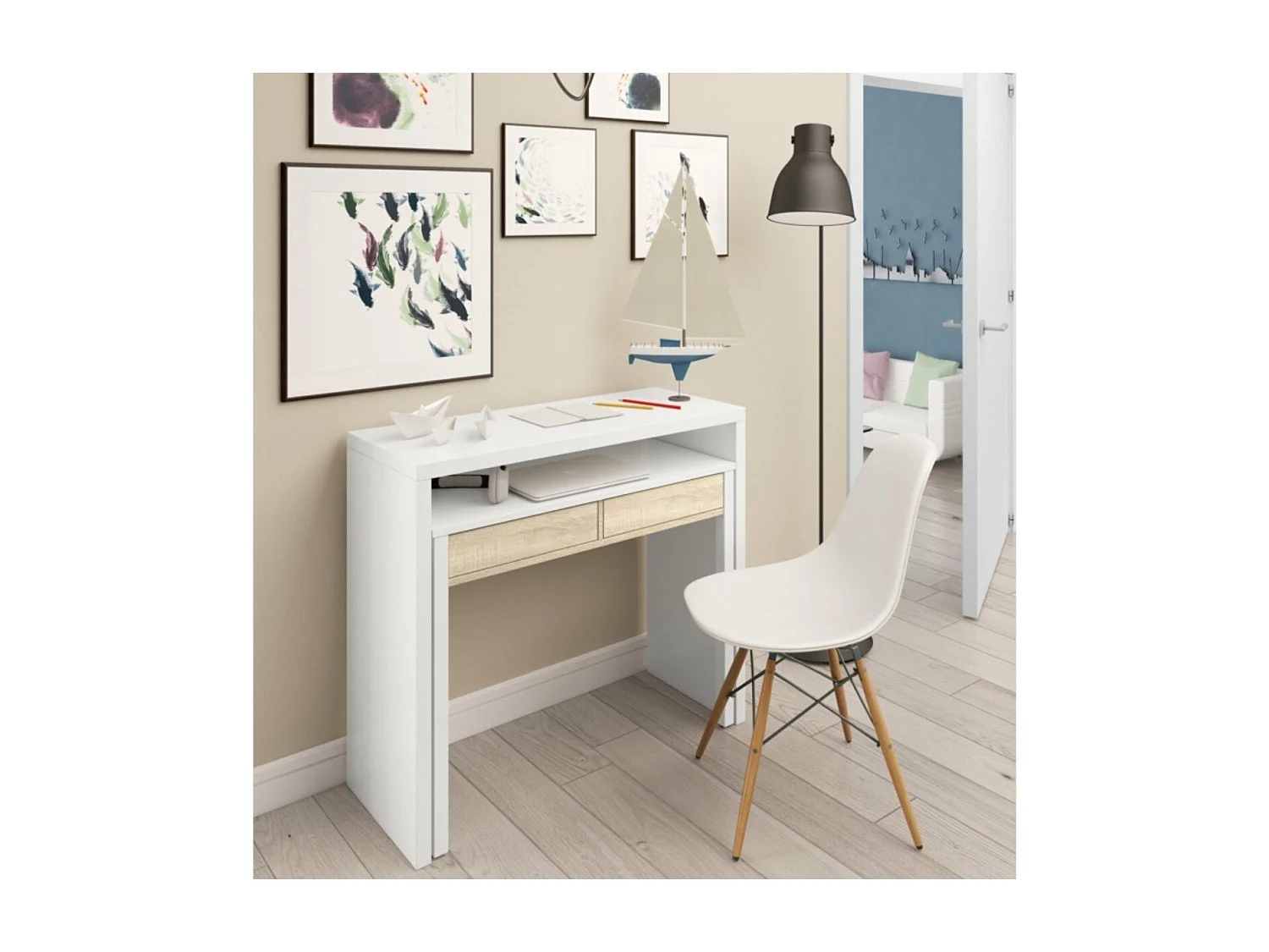 Bureau console extensible 2 tiroirs Consola - L100 cm