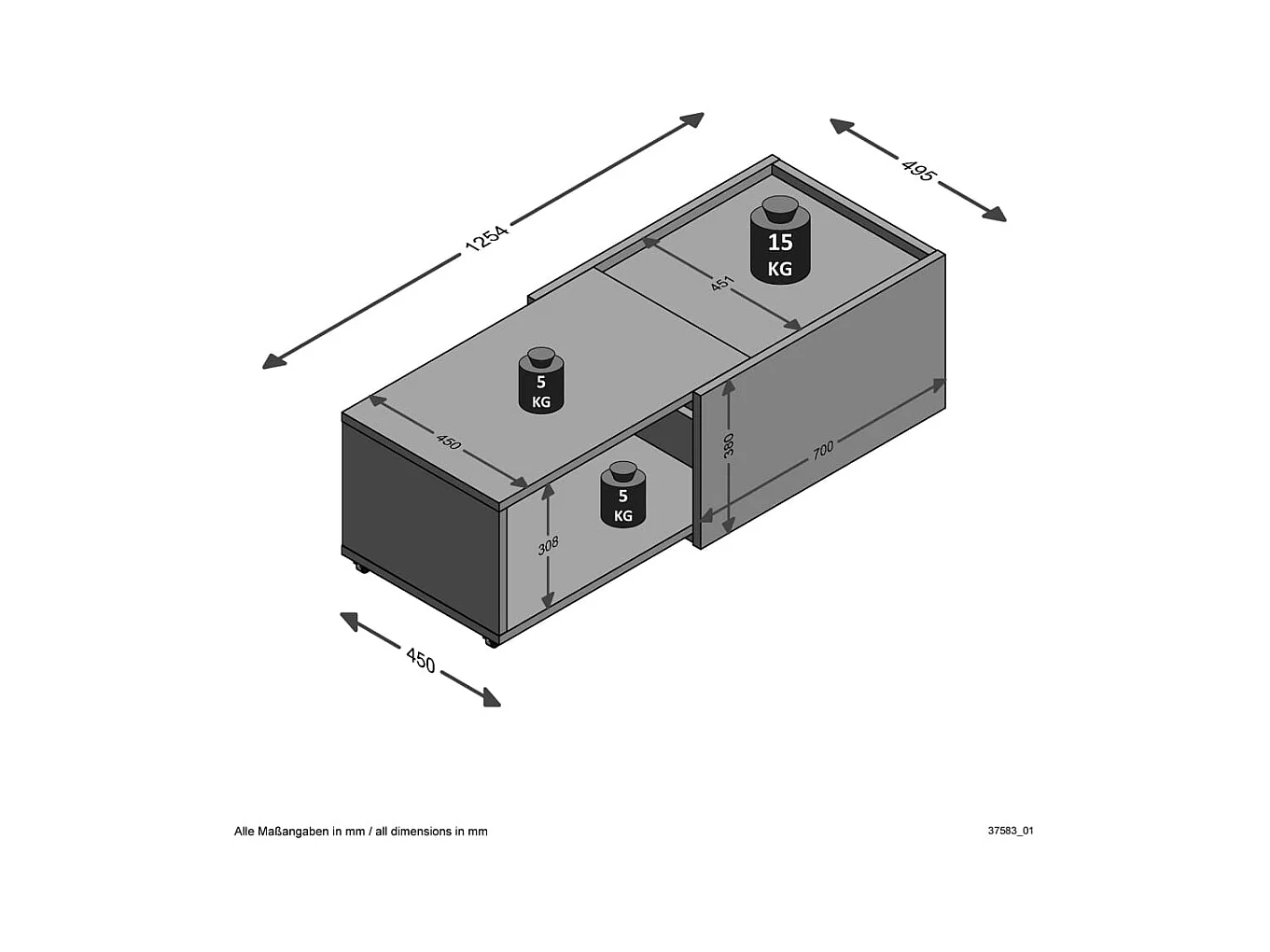 Table Basse Extensible avec Caisson Coulissant L74-125 cm - Slide
