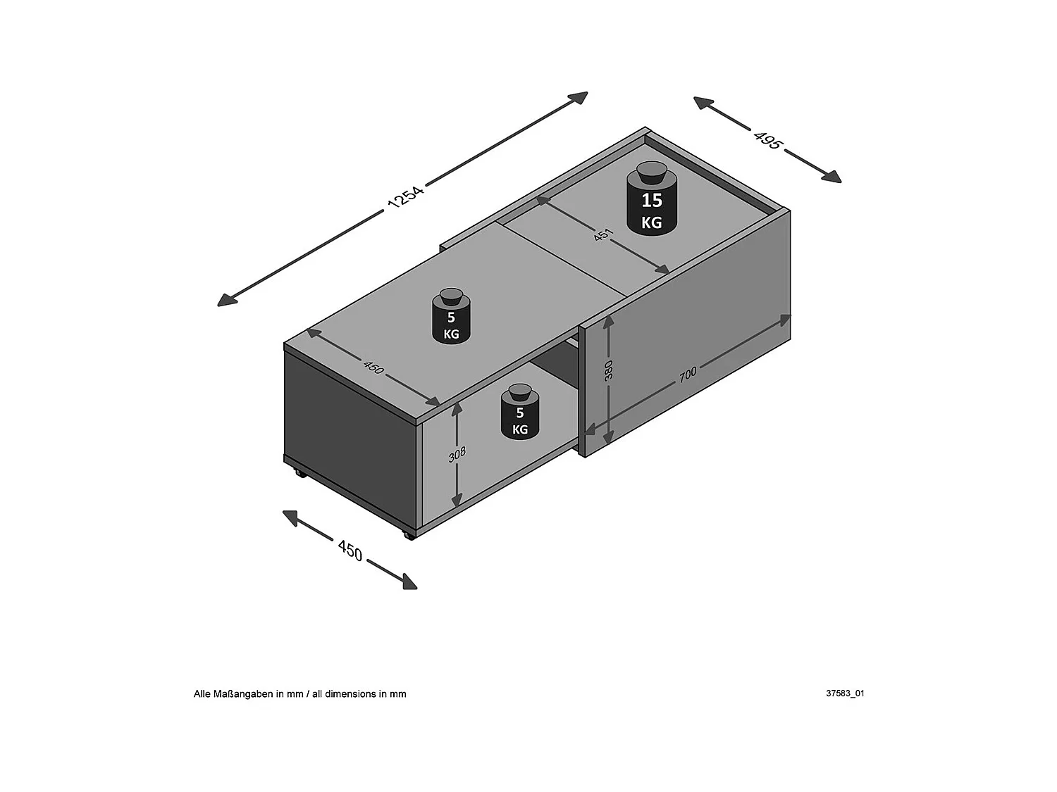 Table Basse Extensible avec Caisson Coulissant L74-125 cm - Slide