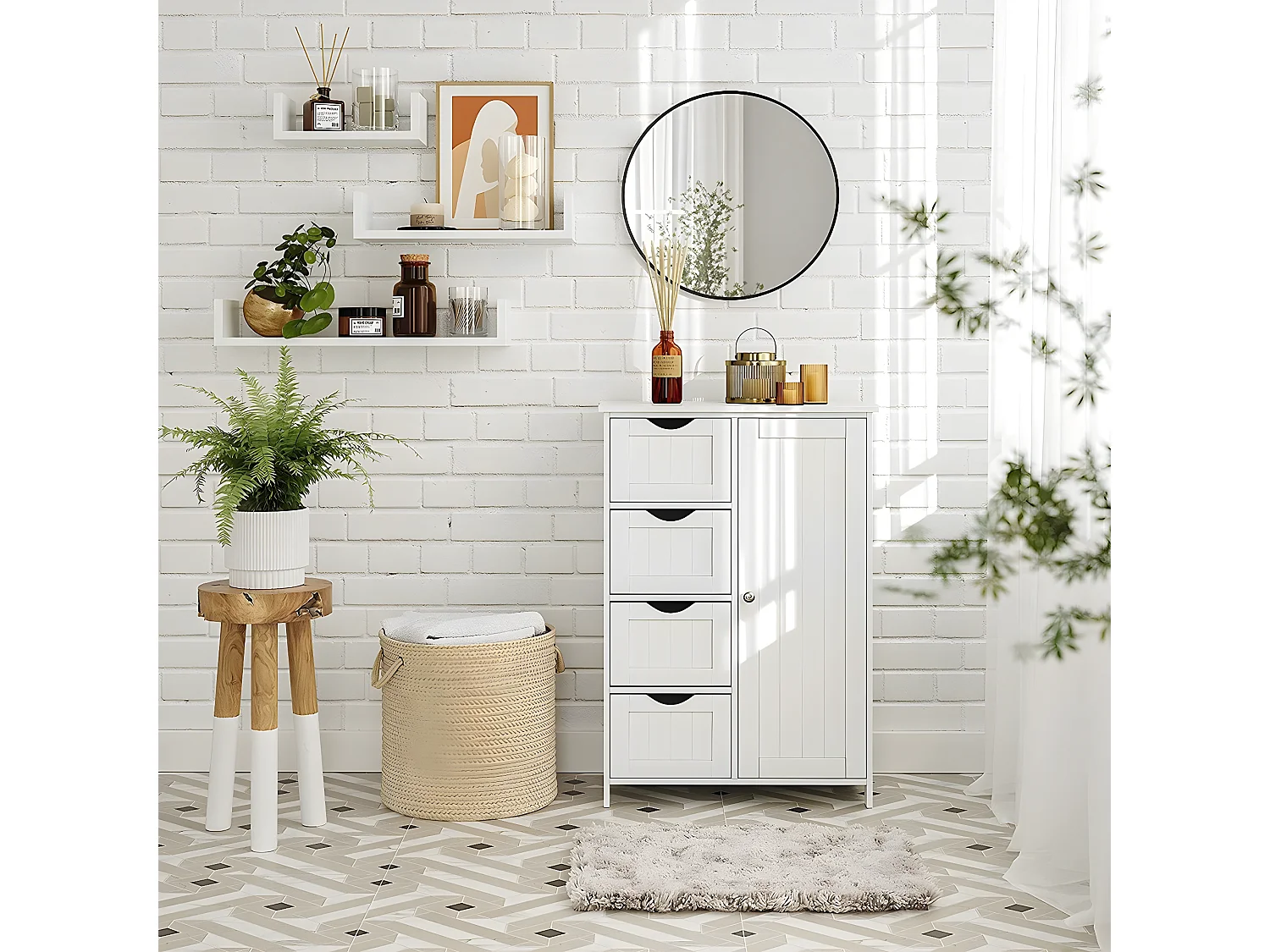 Meuble de salle de bain 1 Porte 4 Tiroirs - L55 cm