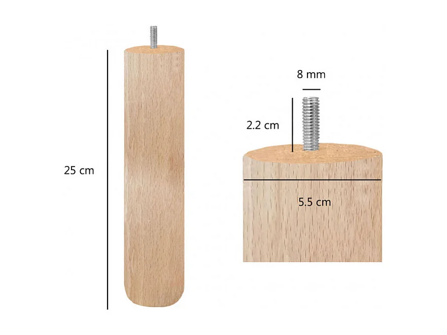 Lot de 4 pieds de meuble 25x6 rond en bois de hêtre - PIEDS DE LIT