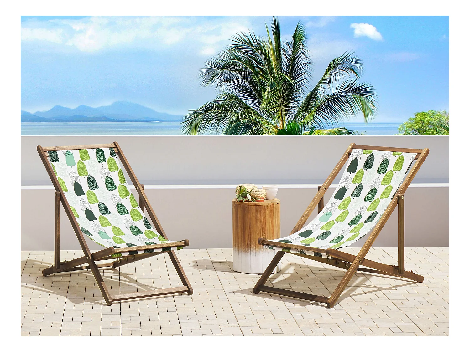 Lot de 2 chiliennes pliantes ANZIO avec tissus de remplacement Motif floral Acacia Marron clair