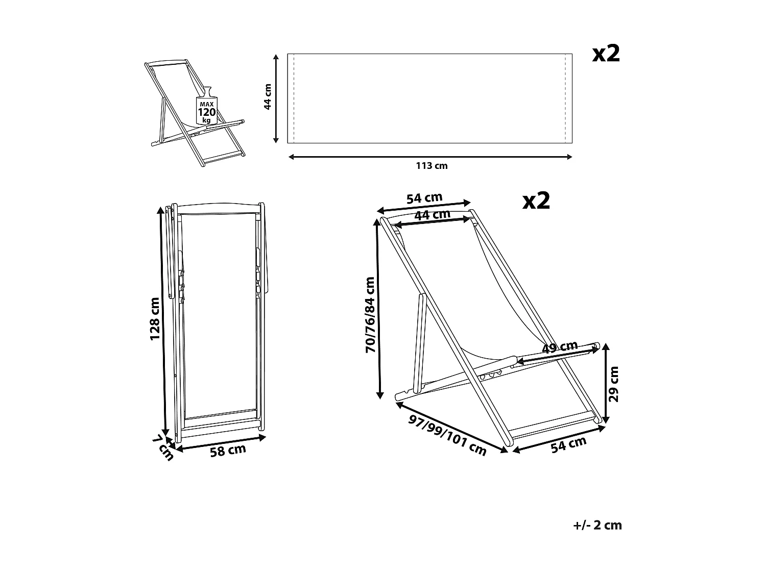 Lot de 2 chiliennes pliantes ANZIO avec tissus de remplacement Motif animal Acacia Marron clair