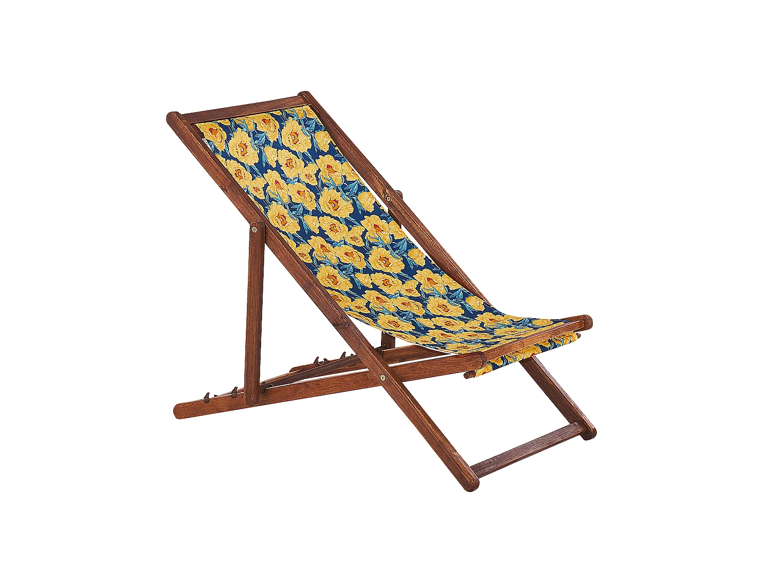 Zwei Liegestühle aus dunklem Akazienholz Stoffbezüge Blumenmuster bunt Anzio