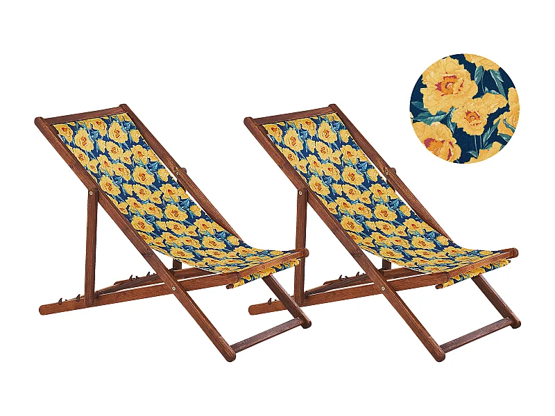 Set di 2 sedie a sdraio pieghevoli ANZIO con Tessuti di Ricambio Motivo floreale Legno d'acacia Marrone scuro
