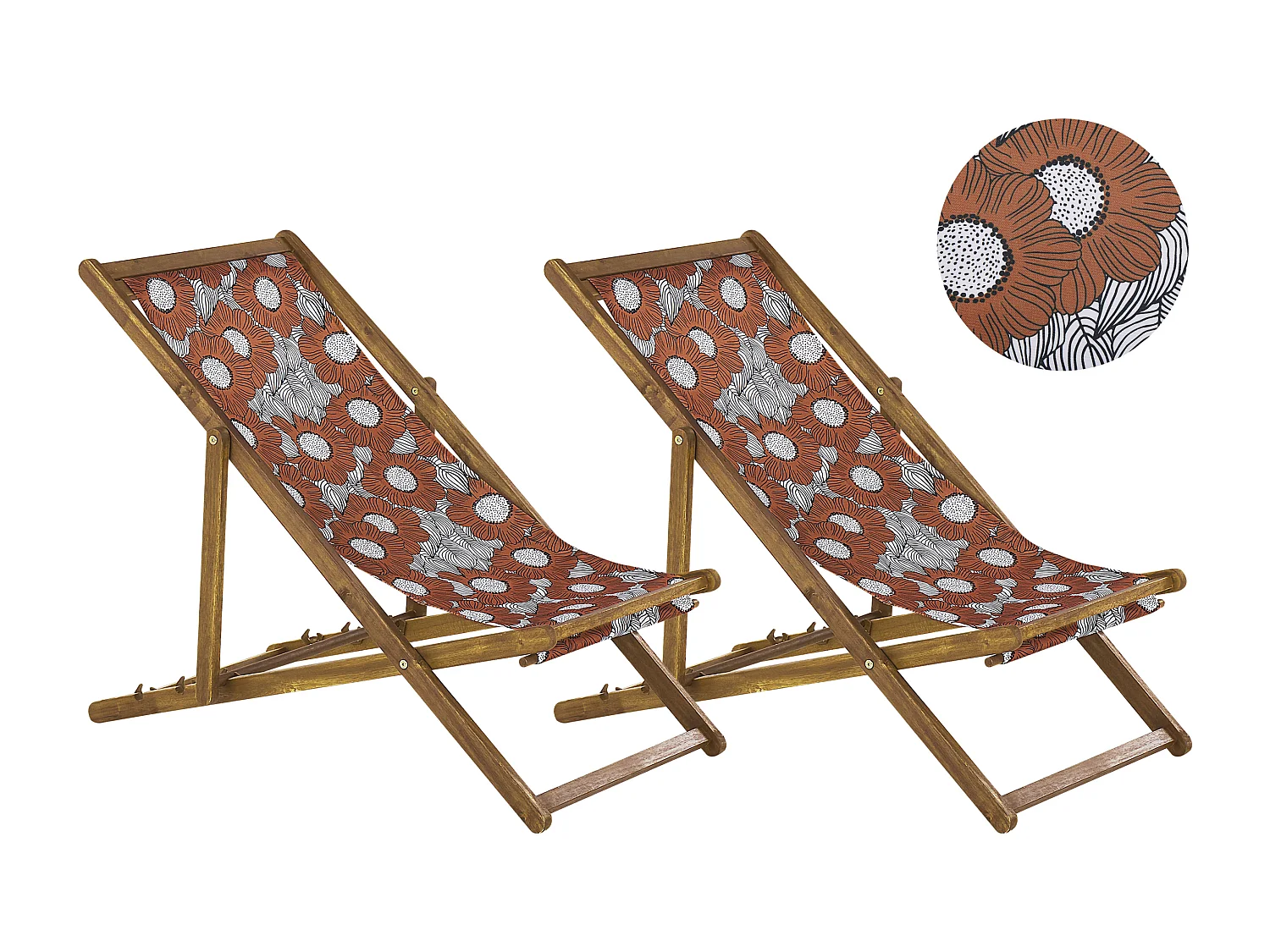 Lot de 2 chiliennes pliantes ANZIO avec tissus de remplacement Motif floral Acacia Marron clair