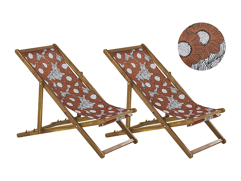 Set van 2 inklapbare ligstoelen ANZIO met vervangende hoezen Bloemen motief Acaciahout Lichtbruin