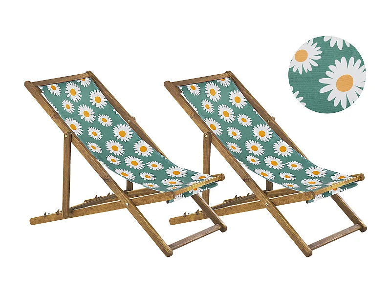 Set mit 2 klappbaren Liegestühlen ANZIO mit Ersatzstoffen Blumenmuster Akazienholz Hellbraun