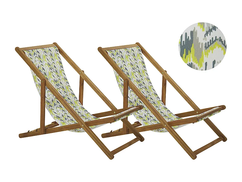 Conjunto de 2 cadeiras de praia dobráveis ANZIO com tecidos de substituição Motivo abstracto Madeira de acácia Castanho claro