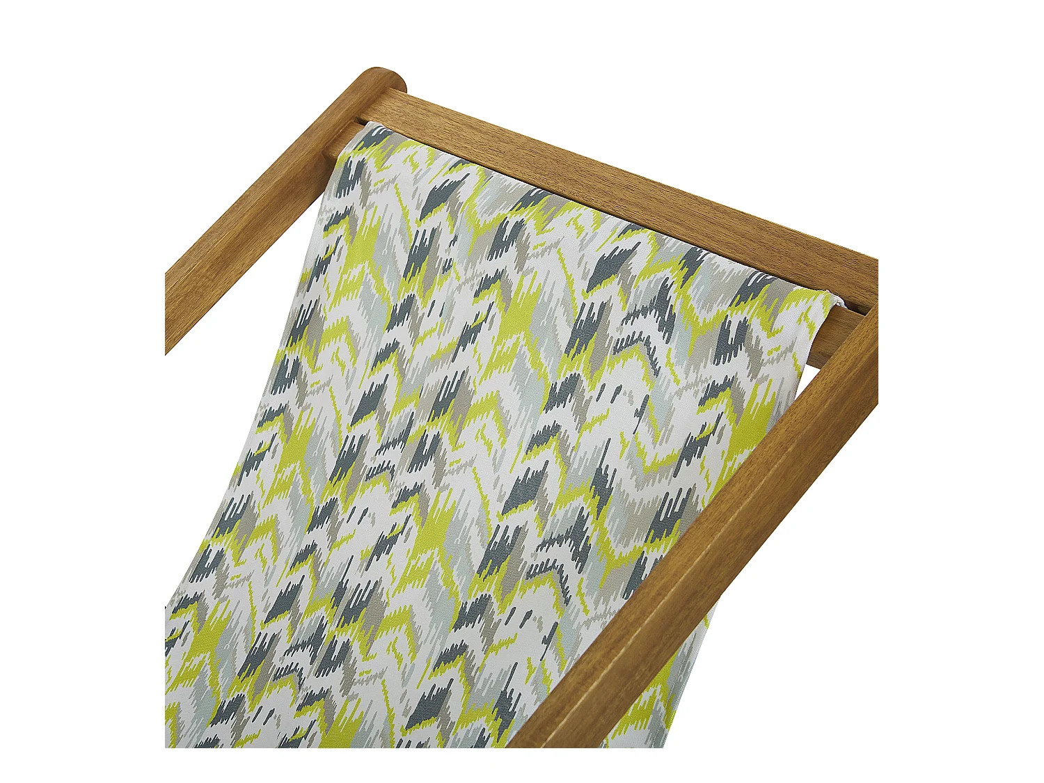 Zwei Liegestühle aus hellem Akazienholz Stoffbezügen gelb Zick Zack Muster Anzio