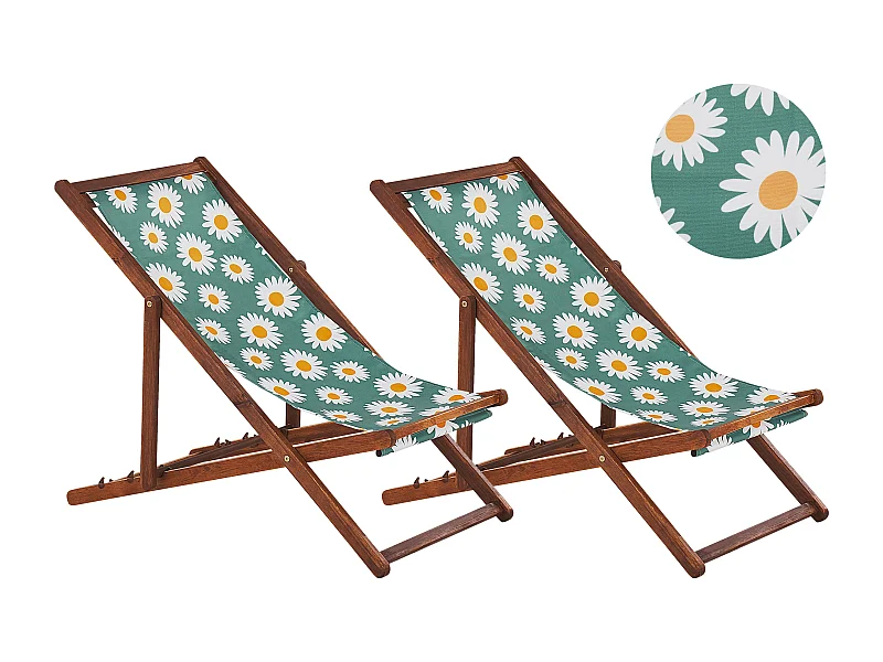 Set mit 2 klappbaren Liegestühlen ANZIO mit Ersatzstoffen Blumenmuster Akazienholz Dunkelbraun