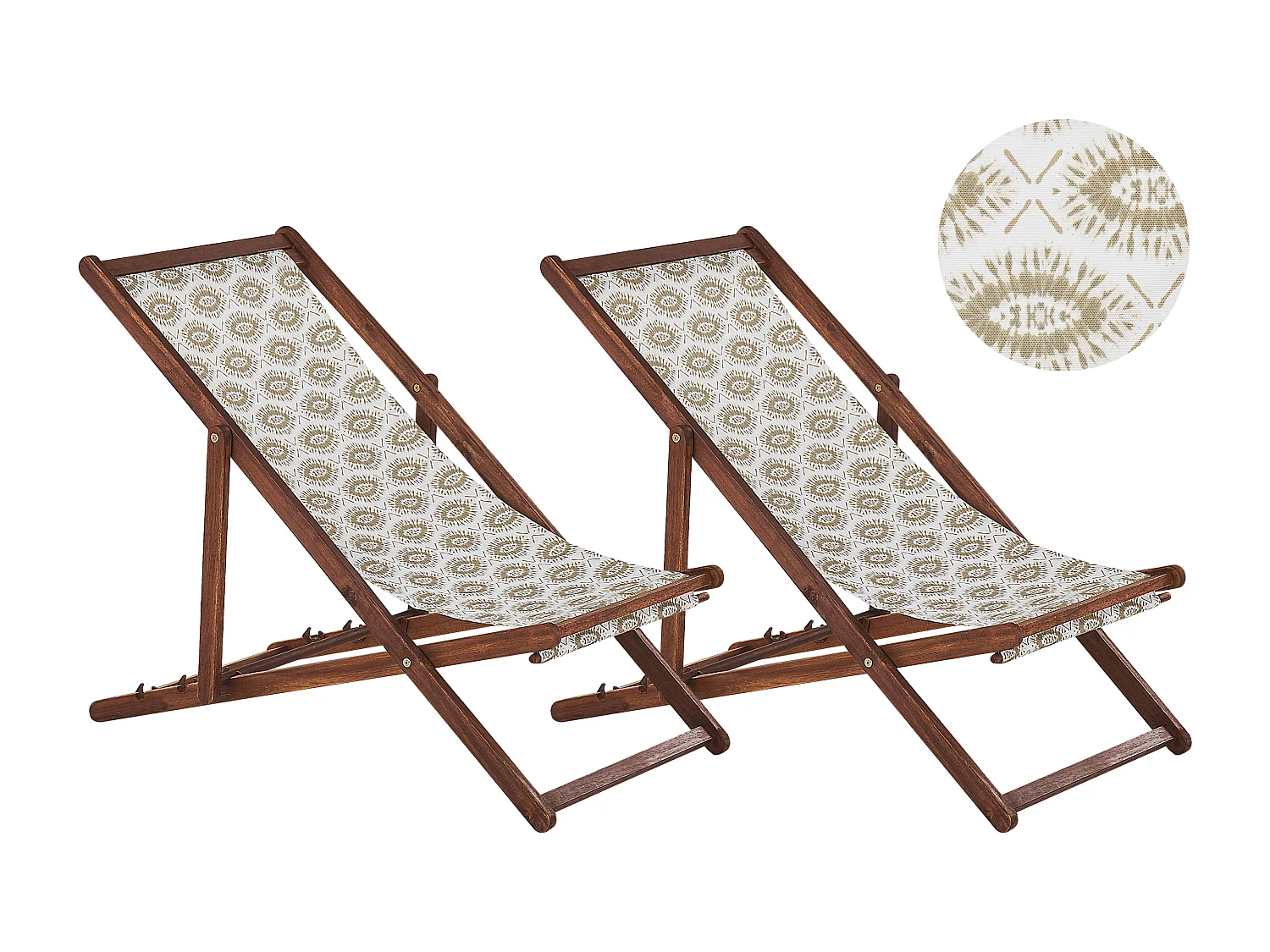 Zestaw 2 leżaków ogrodowych składanych ANZIO z zestawem wymiennych tkanin Motyw abstrakcyjny Drewno akacjowe Ciemnobrązowy