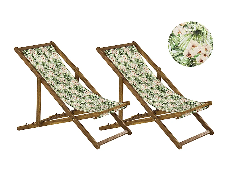 Conjunto de 2 cadeiras de praia dobráveis ANZIO com tecidos de substituição Motivo floral Madeira de acácia Castanho claro