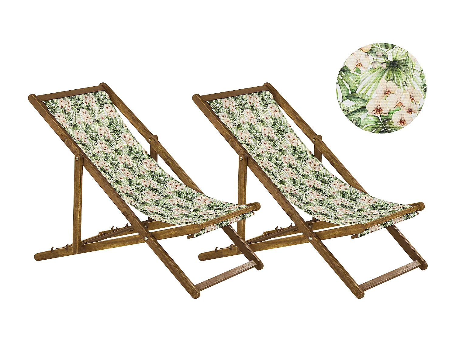 Lot de 2 chiliennes pliantes ANZIO avec tissus de remplacement Motif floral Acacia Marron clair