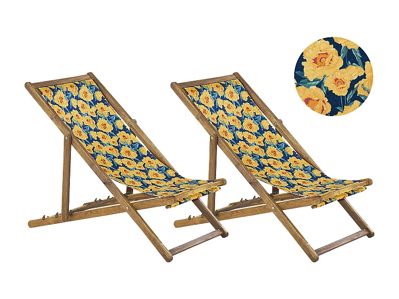 Conjunto de 2 cadeiras de praia dobráveis ANZIO com tecidos de substituição Motivo floral Madeira de acácia Castanho claro