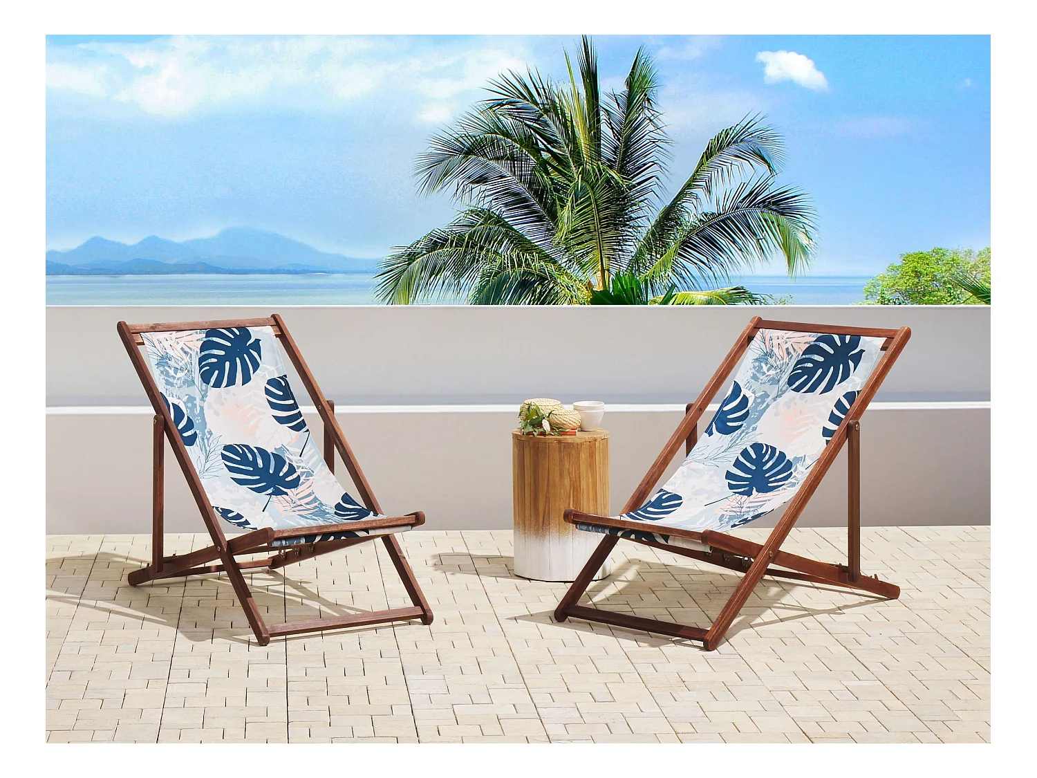 Lot de 2 chiliennes pliantes ANZIO avec tissus de remplacement Motif floral Acacia Marron foncé