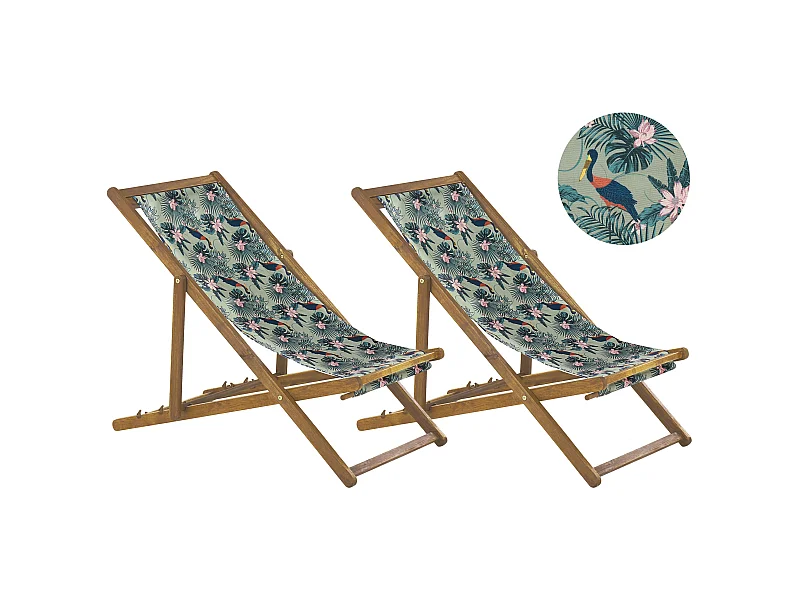 Zwei Liegestühle aus hellem Akazienholz Stoffbezüge Pelikanmuster bunt Anzio