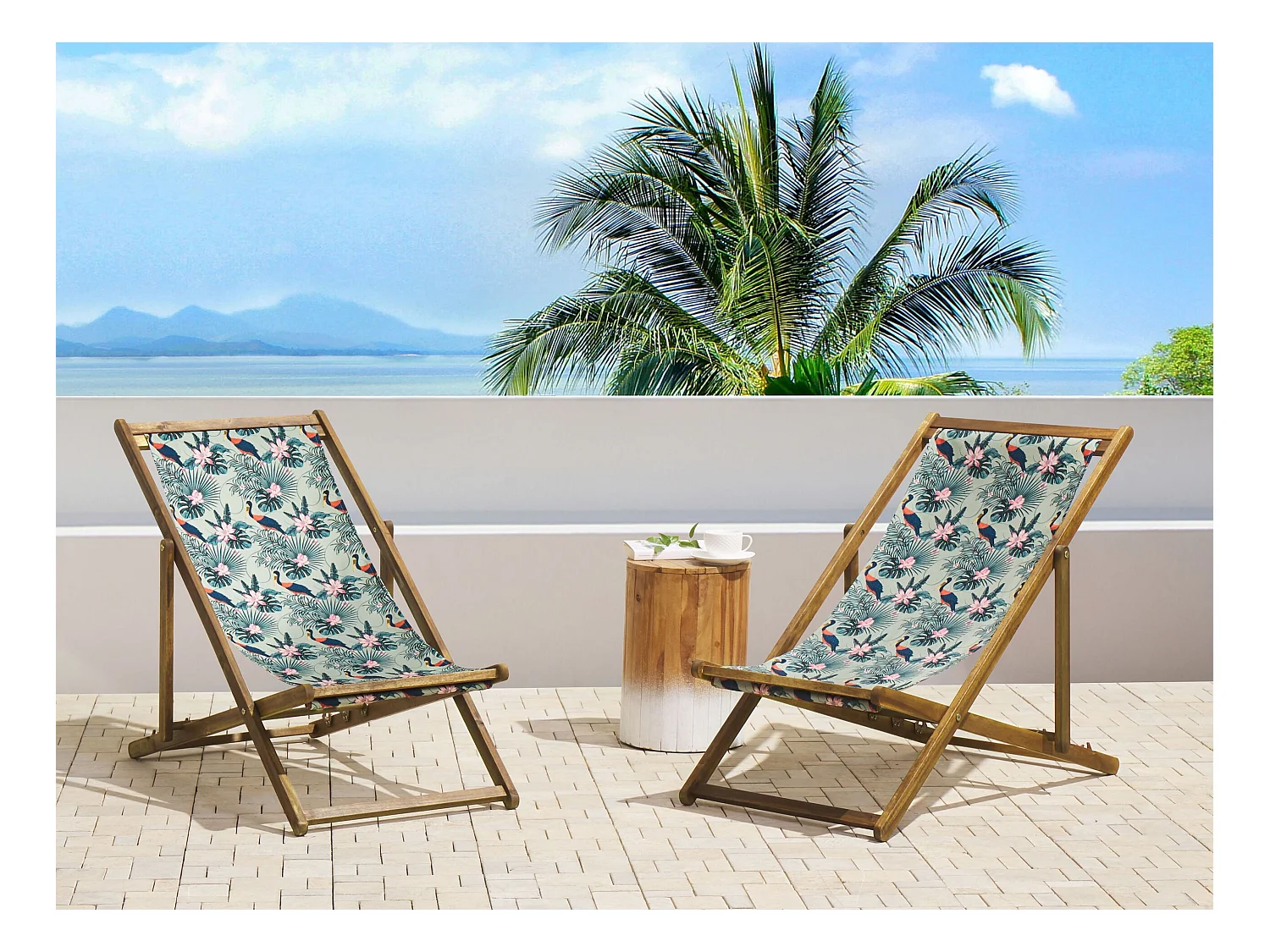 Lot de 2 chiliennes pliantes ANZIO avec tissus de remplacement Motif animal Acacia Marron clair