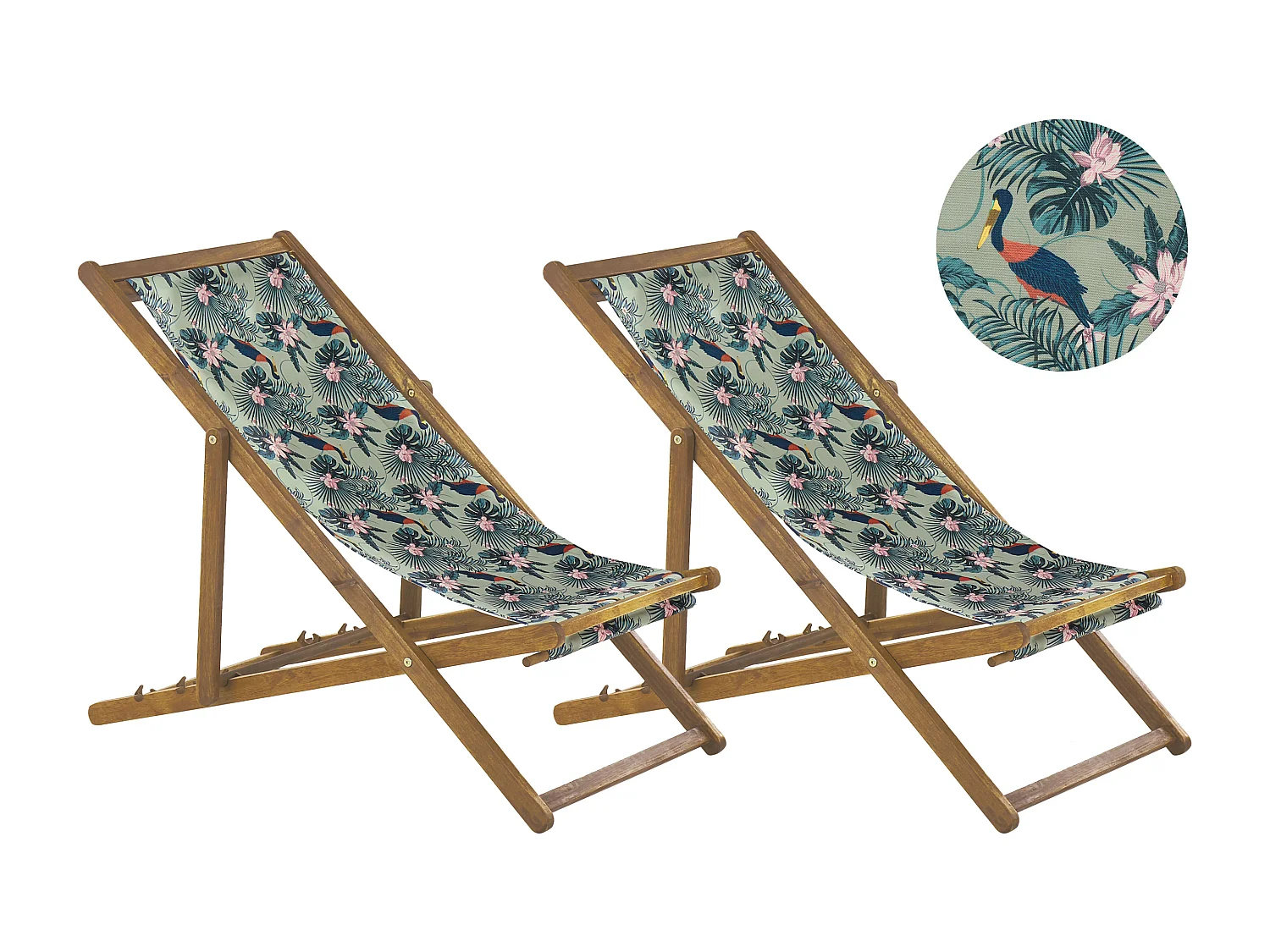 Lot de 2 chiliennes pliantes ANZIO avec tissus de remplacement Motif animal Acacia Marron clair