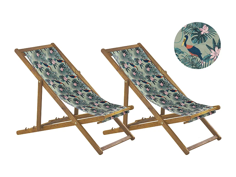 Zestaw 2 leżaków ogrodowych składanych ANZIO z zestawem wymiennych tkanin Motyw zwierzęcy Drewno akacjowe Jasnobrązowy