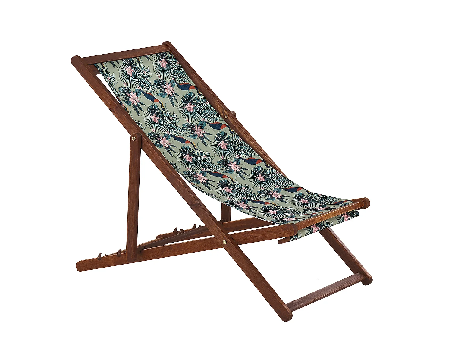 Zwei Liegestühle aus dunklem Akazienholz Stoffbezüge Pelikanmuster bunt Anzio