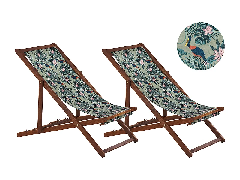 Set di 2 sedie a sdraio pieghevoli ANZIO con Tessuti di Ricambio Motivo animale Legno d'acacia Marrone scuro