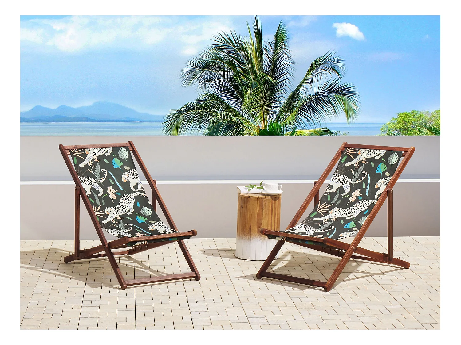 Lot de 2 chiliennes pliantes ANZIO avec tissus de remplacement Motif animal Acacia Marron foncé
